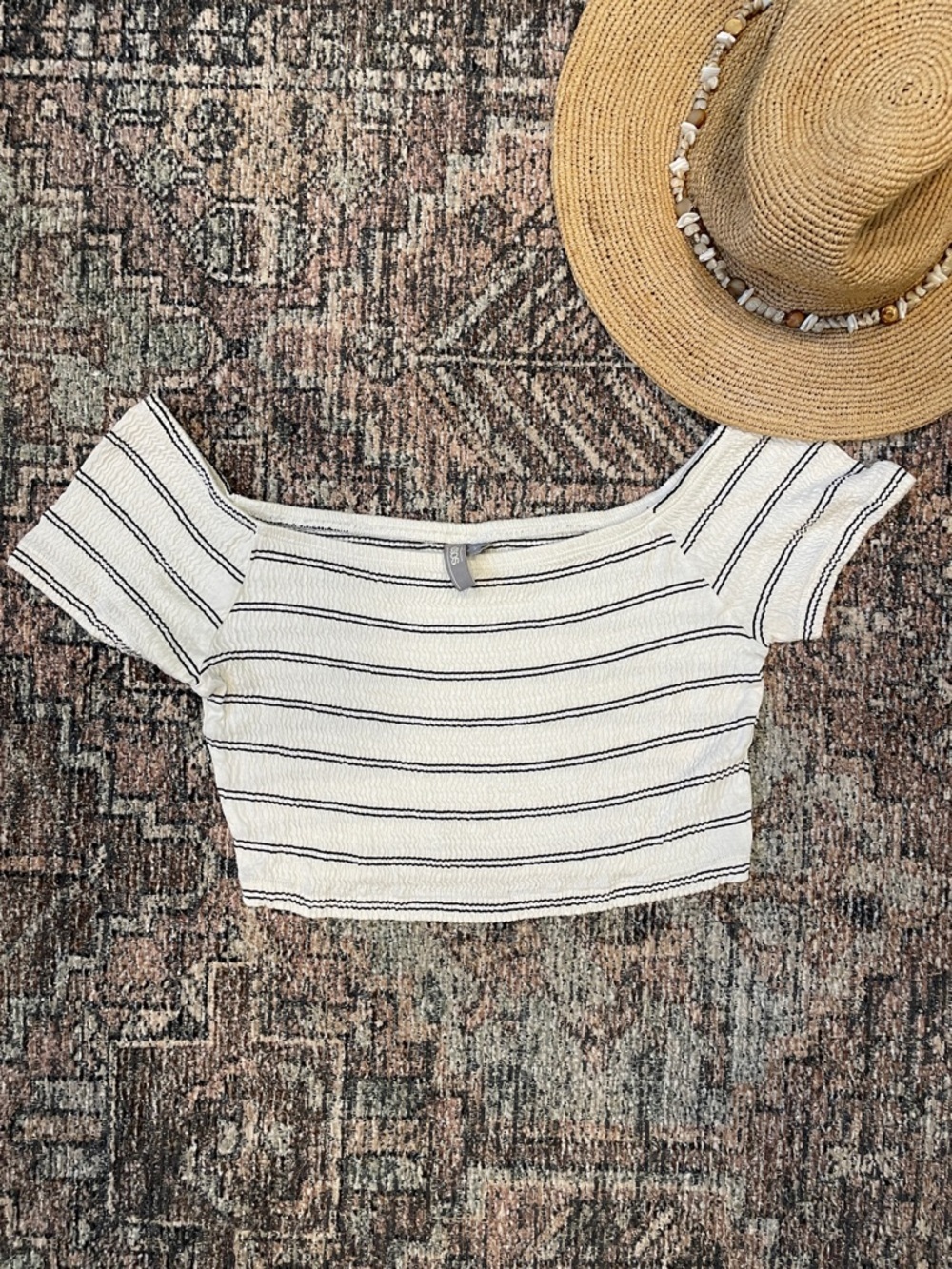 ASOS Striped Smocked Crop Top Size 8 Off Shoulder Coastal Summer Cottagecore
